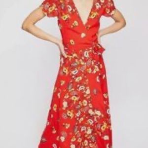 Free People Gorgeous Jess Wrap Dress in Red Combo Maxi Floral Print Dress